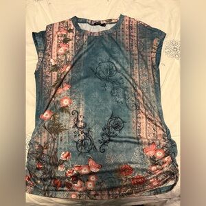 Chic Floral Women's Blouse in Blue and Pink